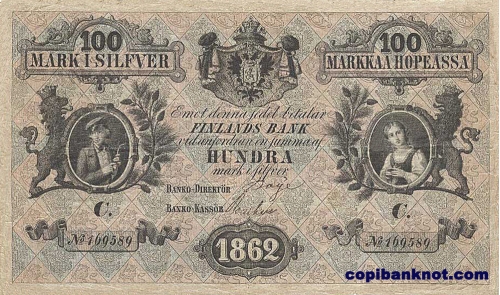 Финляндия. Кредитный билет (обр. 1862 г) 10 марок серебром.