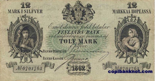 Финляндия. Кредитный билет (обр. 1862 г) 12 марок серебром. Вариант 2. ГЎГЁГ«Г