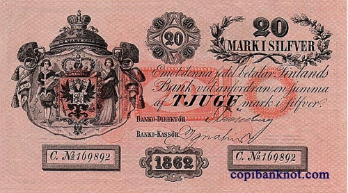 Финляндия. Кредитный билет (обр. 1862 г) 20 марок серебром.