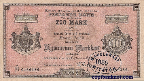 Финляндия. Кредитный билет 1878 г. 10 марок золотом.