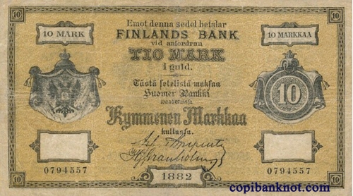 Финляндия. Кредитный билет 1882 г. 10 марок золотом.