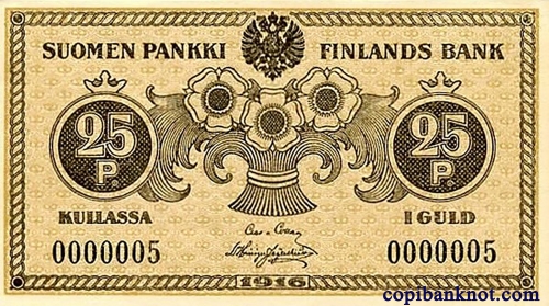 Финляндия. Казначейский билет 1916 г. 25 пени золотом.