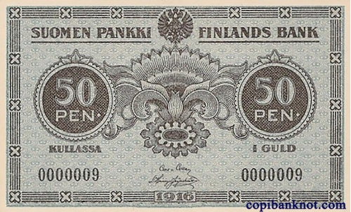 Финляндия. Казначейский билет 1916 г. 50 пени золотом.